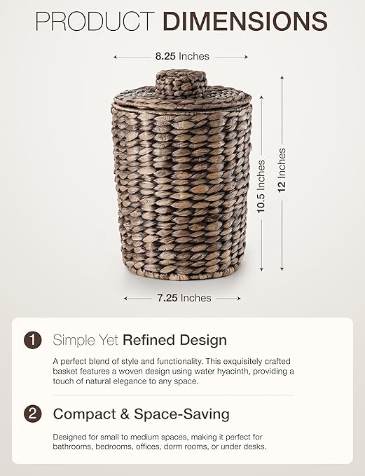 2 Gallons Wicker Waste Basket - Water Hyacinth Bathroom Trash Can - Garbage Can with Lid Boho Style - Wicker Trash Can with Lid for Bedroom, Kitchen - Removable Liner, Handwoven (Black Color)