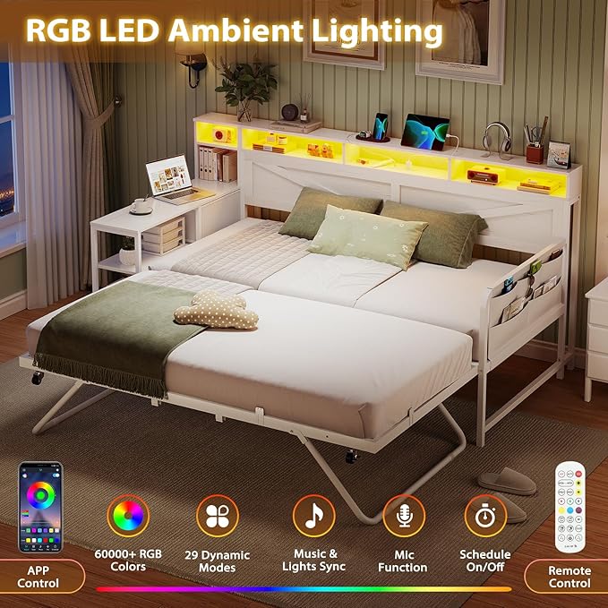 VIAGDO Daybed Twin with Pop Up Trundle, Farmhouse Wooden Day Bed Frame with 3 Storage Drawers and Shelves, Twin to King Daybed with Charging Station and LED Lights for Bedroom, Guest Room, White