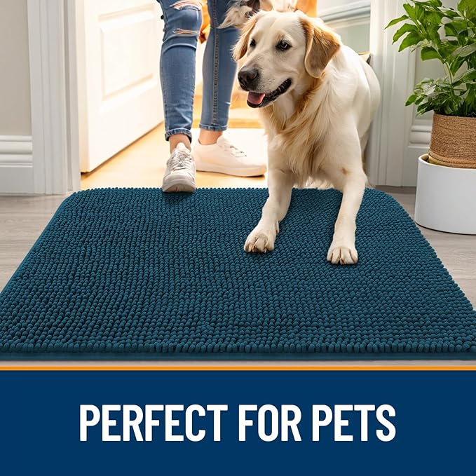 OLANLY Dog Door Mat for Muddy Paws 59x20, Absorbs Moisture and Dirt, Absorbent Non-Slip Washable Doormat, Quick Dry Chenille Mud Mat, Entry Indoor Entryway Carpet for Inside Floor, Atlantic Blue