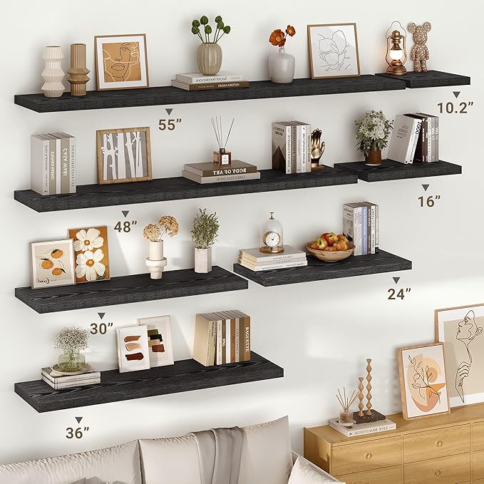 Vivelove 16 Inches Floating Shelves Wall Mounted, 10" Deep Wall Shelves for Bedroom, Bathroom, Living Room, Kitchen, Office, Home Decor, Modern Shelf, Set of 2, Black, 16x10.2x1.5