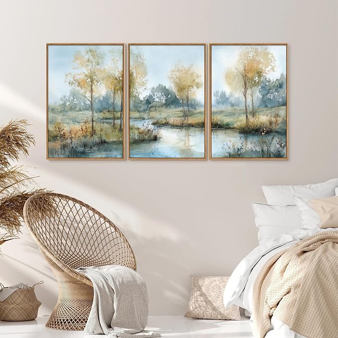 Yeehomedec Large Vintage Neutral Nature Framed Canvas Wall Art, Mid Century Modern Fall Wall Decor, Wilderness Landscape Art Painting, Rustic Country Trees Artwork for Living Room Bedroom Office 16"x24"x3
