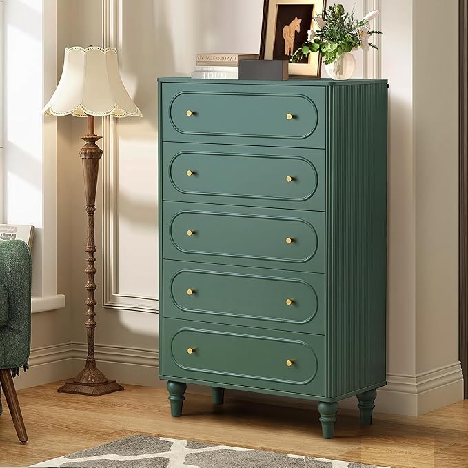 5 Drawer Fluted Dresser for Bedroom, Mid Century Modern Chest of Drawers, Wood Storage Large Dresser Organizer for Bedroom Living Room Hallway Closet, Green