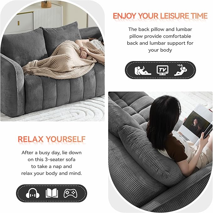 Corduroy Boneless Living Room Sets, Modern Upholstered 3 Seater Sofa with 2 Signle Accent Chairs, Comfy Deep Seat Cloud Sofa Couch Sets for Living Room, Grey