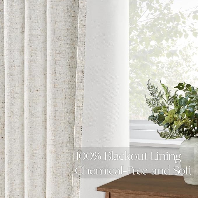 Topfinel 90 Inches Long Full Blackout Linen Curtains for Bedroom, Pinch Pleated Sound Block Curtains, Oatmeal Decorative Elegant Farmhouse Lined Drapes 2 Panels Set for Living Room Sliding Door