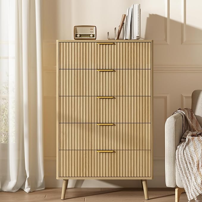 CARPETNAL Fluted 5 Drawers Dresser for Bedroom, 45" Tall Wooden Chest of Drawers with Rounded Corners, Gold Handles, Modern Storage Organizer for Bedroom, Hallway (Oak)