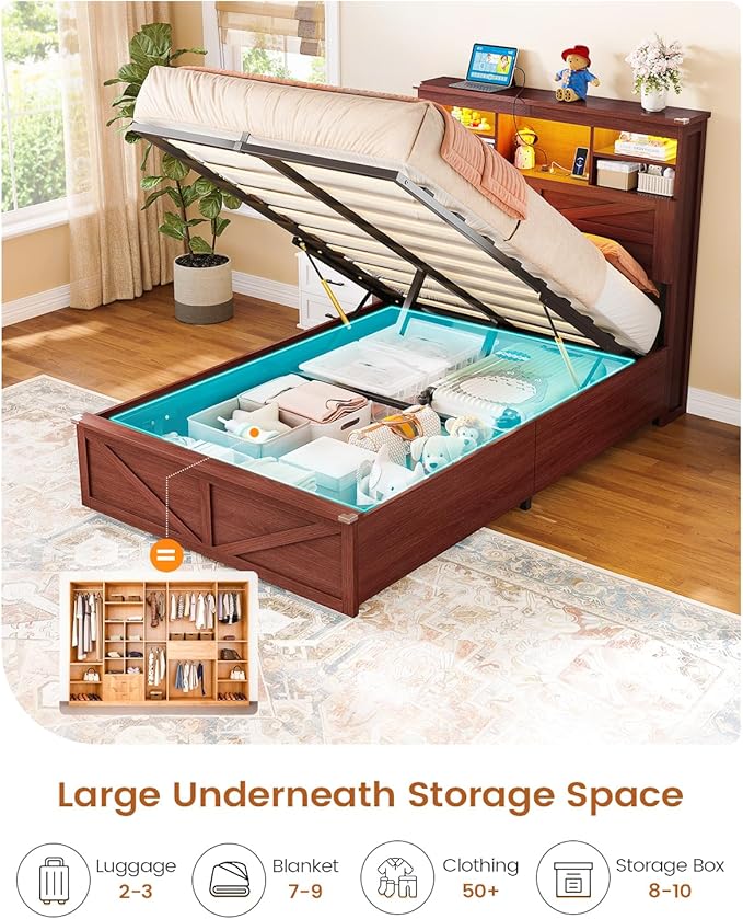AOGLLATI Farmhouse Twin Bed Frame with Lift Up Storage & Hidden Bookcase Storage Headbord, Wood Bed Frame Twin with Charging Station, Led Lights, No Box Spring Needed, Brown