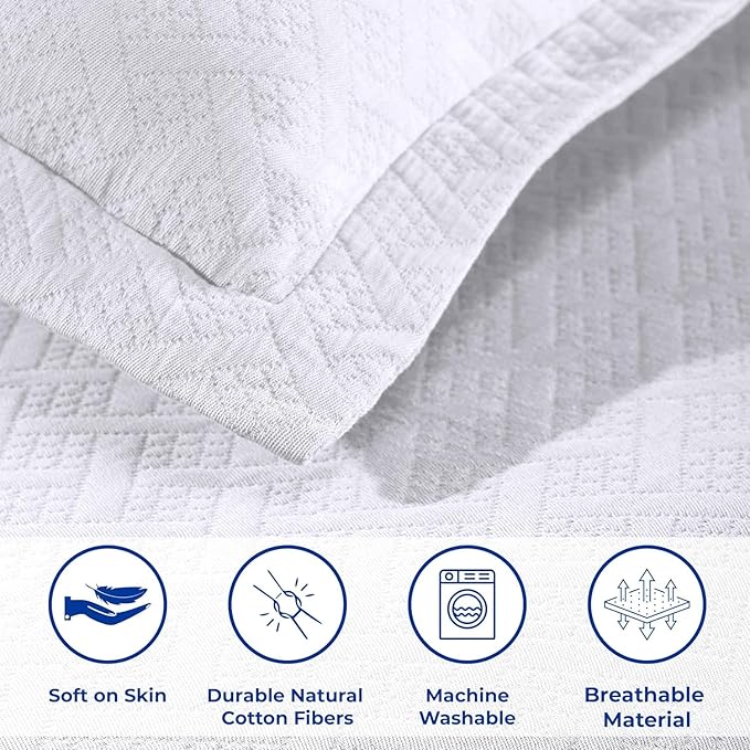 Superior 100% Cotton Basket Weave Bedspread with Shams, All-Season Premium Cotton Matelasse Jacquard Bedding, Quilted-Look Geometric Basket, Twin, White