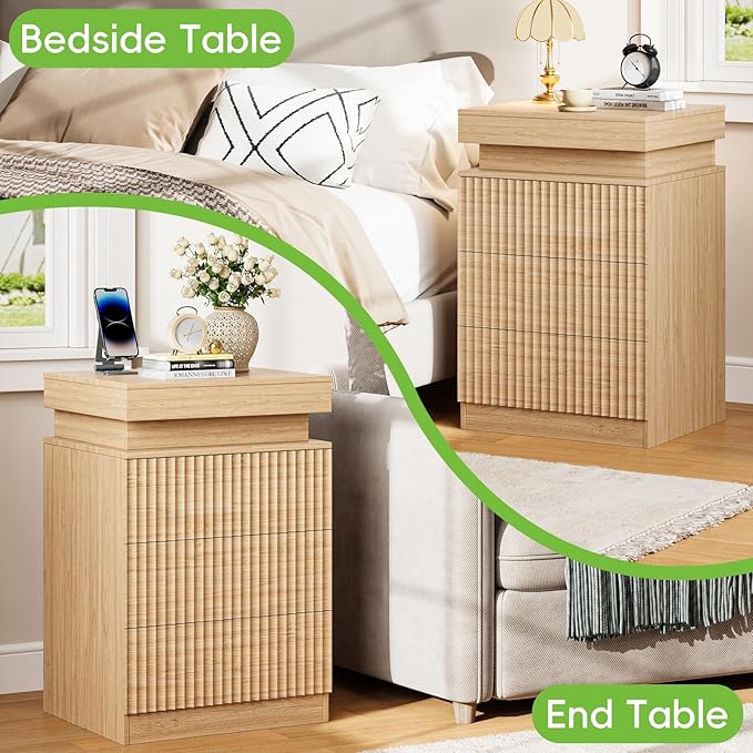 Nightstand with Charging Station & LED Lights, Small Modern Fluted Bedside & End Table with 3 Drawers, Sliding Top & Hidden Storage, Wooden Farmhouse Night Stand for Bedroom Office Sofa, Natural Oak