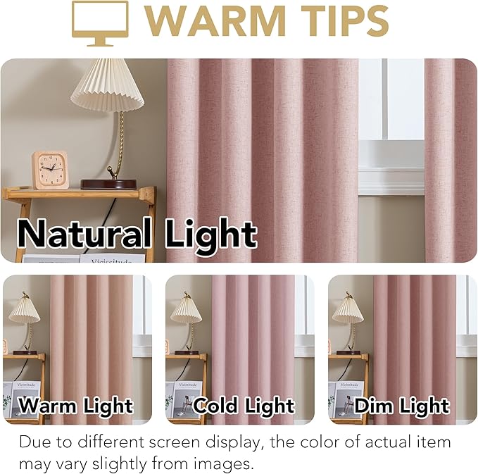 H.VERSAILTEX Linen Curtains 100% Blackout Curtains for Bedroom 84 inch Long Full Light Blocking Nature Linen Blended Window Curtains for Living Room Nickel Grommet (2 Panels, Heathered Baby Pink)