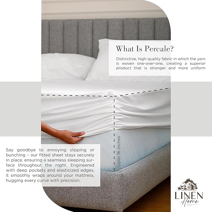 Linen Home 100% Cotton Percale Sheet Set Pack of 2, King Size, White, Deep Pocket, 8 Pieces Set - 2 Flat, 2 Deep Pocket Fitted Sheet and 4 Pillowcases, Crisp Cool and Strong Bed Linen