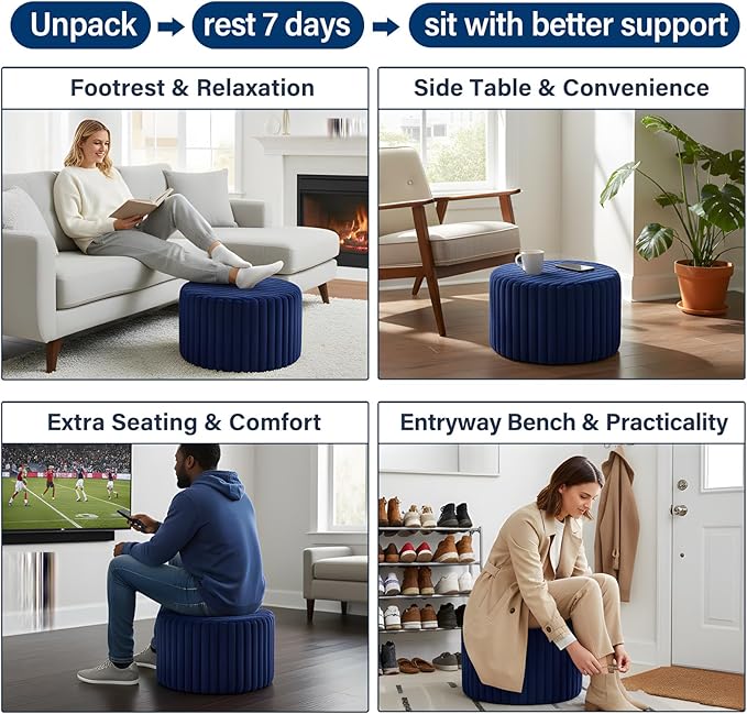 Tiita Round Stuffed Pouf Ottoman, Stripe Faux Fur Poufs with Foam Chunk Filling, Furry and Fluffy Pouf 21×21×12 inch Foot Stool Storage Ottoman,Puff Office Foot Rest for Couch Living Room, Navy Blue