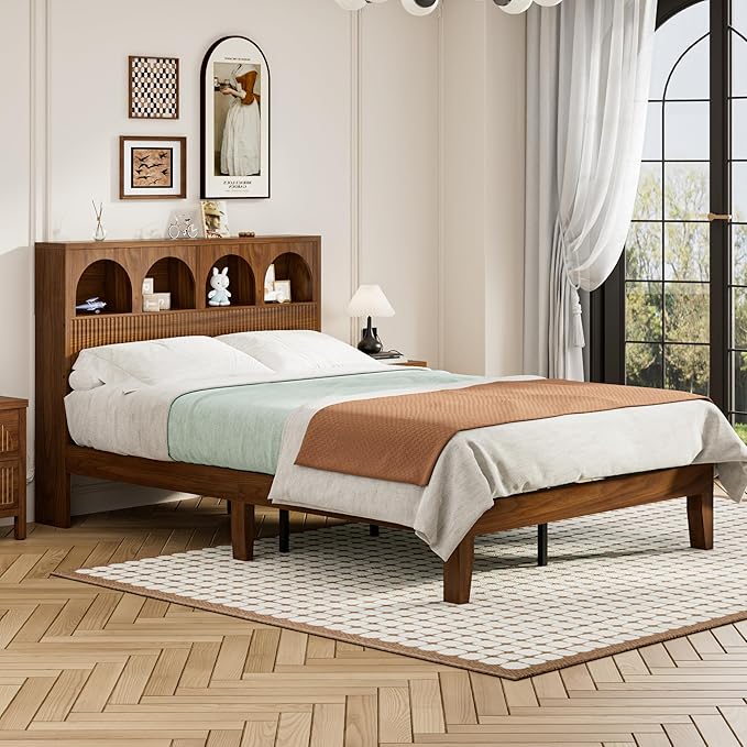 Full Bed Frame with Wave Headboard, Storage Headboard with 4 Arched Storage Compartments, Farmhouse Wooden Full Bed Frame, No Box Spring Needed, No Noise (Full-Walnut)