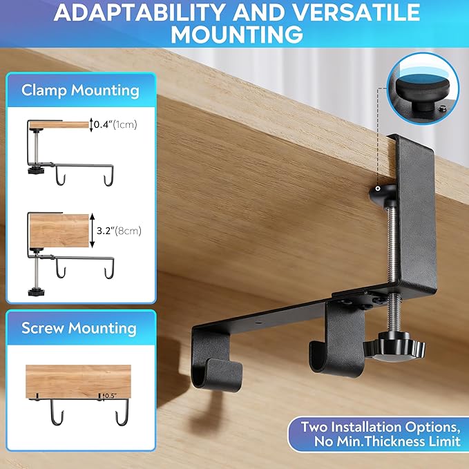 Under Desk Cable Organizer with Mesh Slot for Ventilation, Quick Mount with Clamp or Screws to Hold Fabric Cable Tray, Kit for Tidy Cord & Wire Management for Home Office Standing Desk