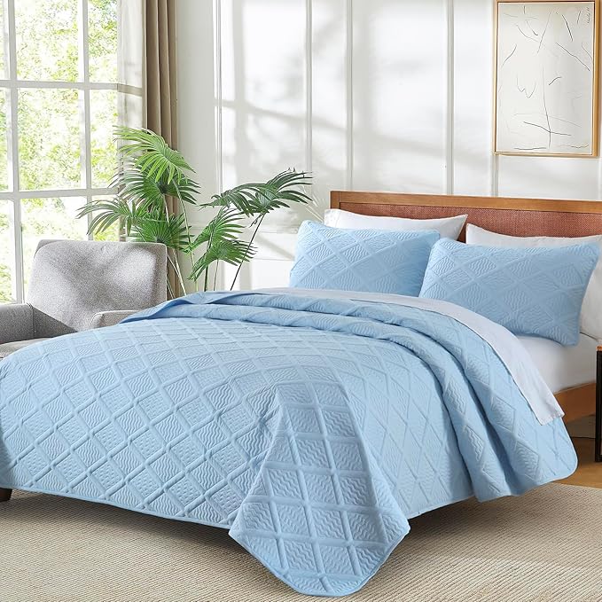 Yiran Ash Blue Quilt Set Queen Size, 3 Piece Reversible Bedspreads Bedding Set, Fall Diamond Pattern Coverlet for All Season with 2 Pillow Shams (Full/Queen, 96x90 Inch)