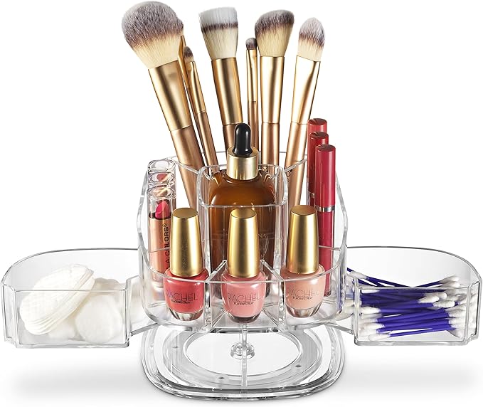 Masirs Small Rotating Makeup Organizer - Mini Yet Spacious Cosmetic Storage Solution with Multiple Compartments - The Perfect Spinning Make-Up Caddy for Vanity or Bathroom Counter (Square - Clear)