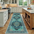 Area Rugs 2'x7' Washable Non-Slip, Floral Vintage Distress Print Pattern Medallion Carpet for Living Room Bedroom Dining Room, Teal Green Lake Blue Turquoise