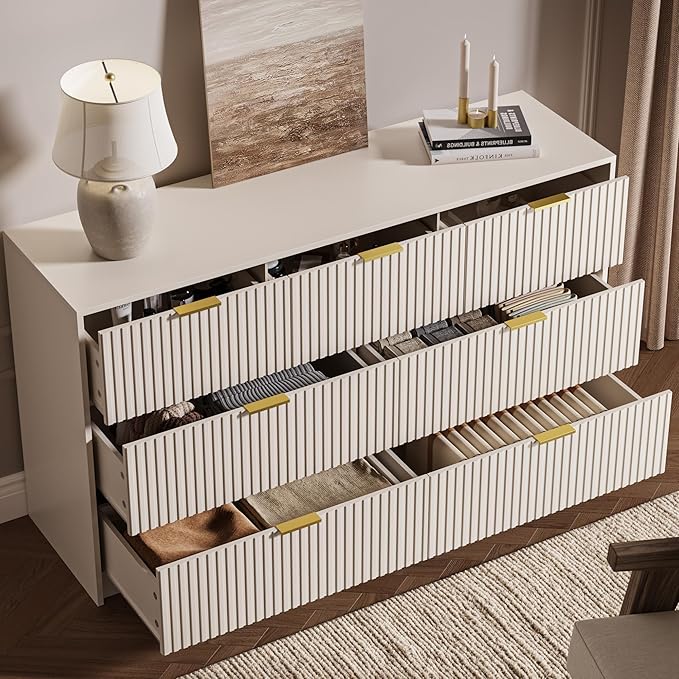 3-Piece Dresser Bedroom Set, 7 Drawer Dresser & 2 Drawer Nightstands with Gold Handles, Fluted Wood Chest of Drawers for Bedroom, Living Room, Entryway, Beige