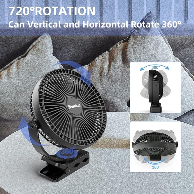 Svinkal Portable Clip on Fan 10000mAh Battery Powered, USB Type C, Supports 720° Adjustment, 4 speed, 8inch Personal Fan for Table, Bedroom, Desk, Camping, Stroller, Golf Cart