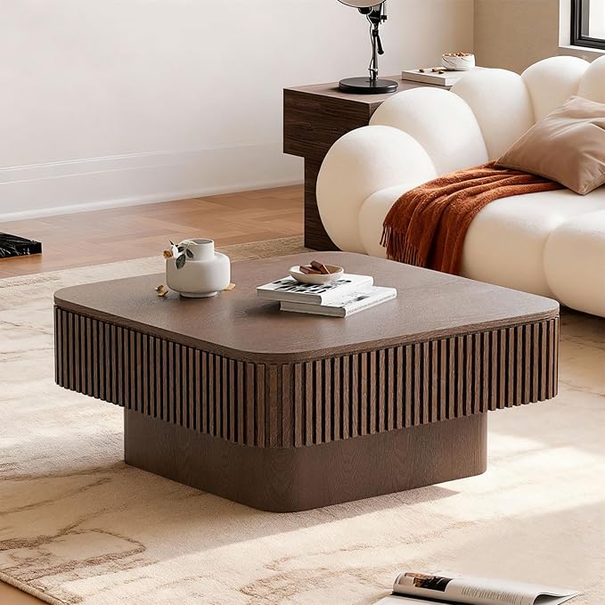 LKTART Coffee Table for Living Room, Accent Fluted Square Coffee Table with Hidden Storage, Modern Solid Wood Veneered Circle Center Tea Table for Small Space Apartment (31.5''D×14''H-Walnut)