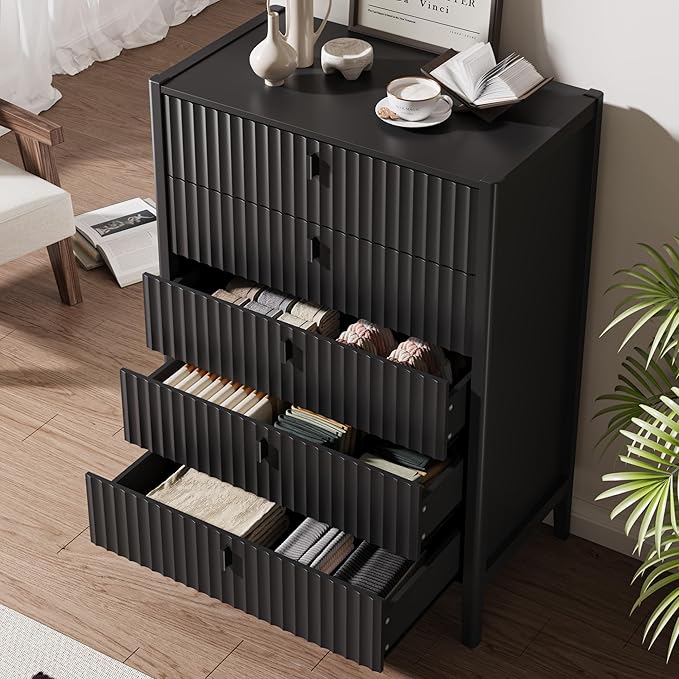 Black 5 Drawer Dresser, Modern Tall Dresser for Bedroom, Fluted Wood Chest of Drawers with Deep Drawers for Clothes, Storage Cabinet for Bedroom, Living Rooms, Offices, Entryways