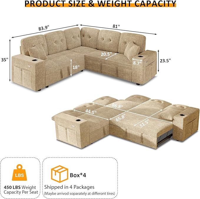 Modular Sectional Sleeper Sofa with Pull Out Bed, L Shaped 5 Seat Sectional Couches for Living Room, 84 Inch Sofa Bed with Adjustable Backrest | Hidden Storage | Wide Armrest | Khaki