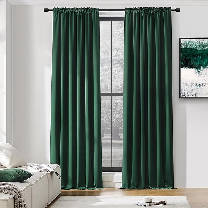 DONREN 108 inch Extra Length Curtains for Bedroom - Rod Pocket Smooth Tactility Blackout Window Panels for Patio (52 W x 108 L,Dark Green,2 Pieces)