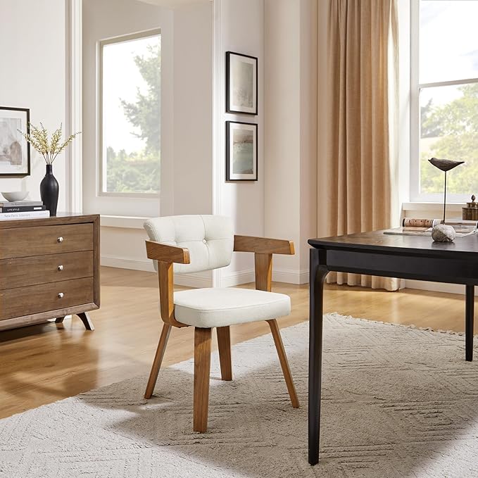 Art Leon Office Chair No Wheels - Mid Century Modern Desk Chair, Fabric Upholstered Accent Arm Chair with Wood Legs for Small Spaces Home Office Living Room Bedroom Study, Off White/Walnut
