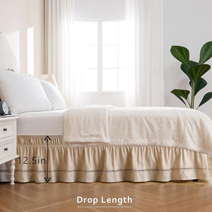 MIYE Wrap Around Ruffled Lace Bed Skirt, Elastic Dust Ruffle with Adjustable Belts, Easy to Put On, Bed Frame Cover, Machine Washable (Ruffled Lace/Beige, Full/Twin-12.5" Drop)