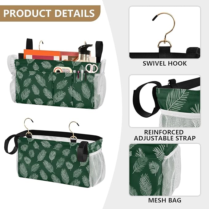 Bedside Caddy Hanging Bunk Bed Caddy Bed Organizer Hanging Pocket with 2 Hooks Bedside Storage Organizer Pocket Bag Holder Green Simple Palm Leaf