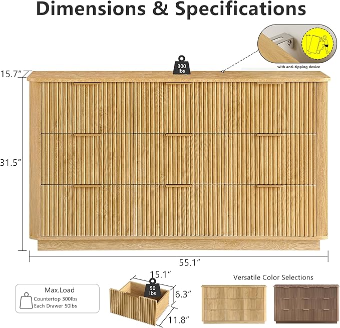 win2win 9 Drawer Dresser, Modern Dresser with Storage, 55" Wide Fluted Chest of Drawers with Faux Marble Top, Dressers TV Stand, Minimalist Drawers Organizer for Bedroom, Living Room, Hallway, Oak