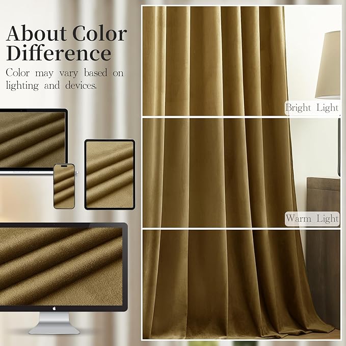 Velvet Curtains 108 Inches Long for Bedroom, Luxury Room Darkening Thermal Insulated Blackout Curtains Luxury Window Drapes for Living Room, Back Tab Rod Pocket, Goldbrown, W52 x L108, 2 Panels