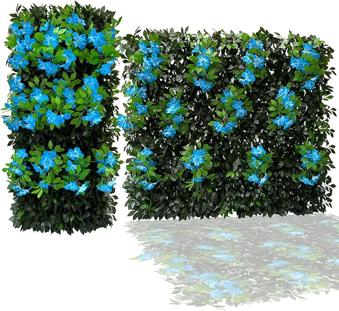 Sumery Expandable Fence Privacy Screen for Balcony Patio Outdoor,Decorative Faux Ivy Fencing Panel,Artificial Hedges (Single Sided Leaves) (4, Branches -Blue Fowers)