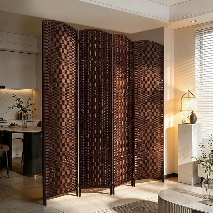 HOMCOM Room Divider, 4 Panel Folding Privacy Screen, 6FT Tall Portable Wicker Weave Partition Wall Divider for Bedroom, Home Office, Brown