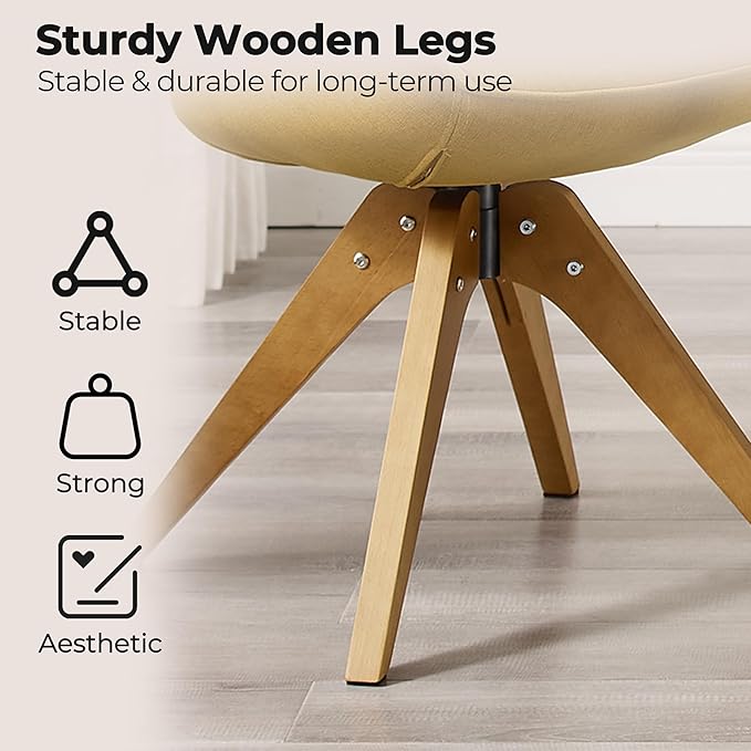 Zouron Mid Century Modern Swivel Accent Chair, Vanity Chair with Wooden Legs, Upholstered Arm Chair No Wheels, Accent Side Chair for Small Space Home Office Living Room Bedroom, Citrine