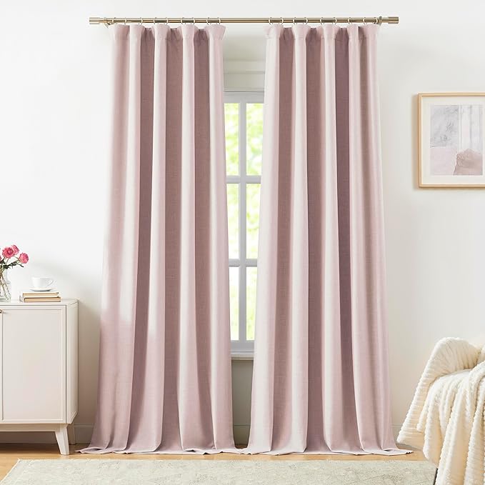 Vision Home Pink Linen Full Blackout Curtains 95 inch Long for Bedroom Living Room Darkening Light Blocking Window Panels Thermal Insulated Rod Pocket Back Tab Neutral Drapes 56" Wx95 Lx2