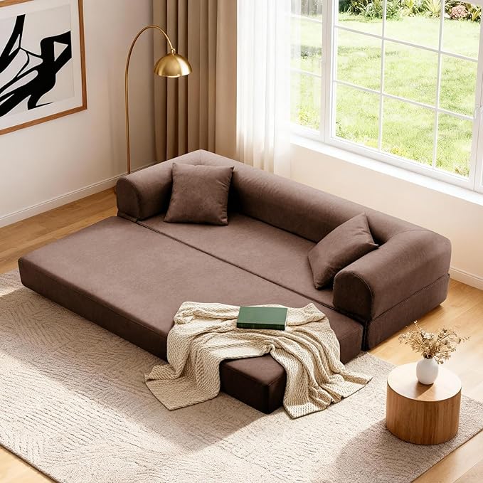 Convertible Folding Sofa Bed,78.5 Inch Faux Leather Futon Couch with Pillows & Storage Pocket,5-in-1 Queen Sleeper Sofa in a Box with Pull Out Bed,Boneless Couch for Living Room Bedroom,Brown