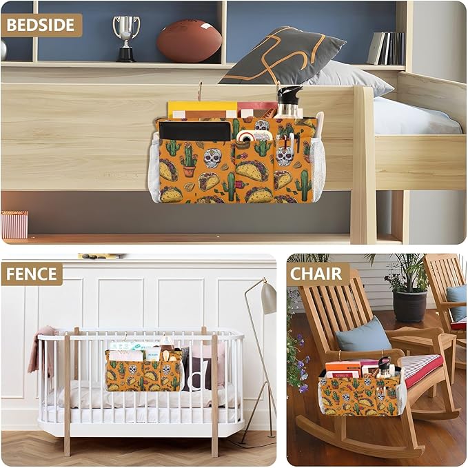Bedside Caddy Hanging Bunk Bed Caddy Bed Organizer Hanging Pocket with 2 Hooks Bedside Storage Organizer Pocket Bag Holder Orange Mexico Tacos Chilis Skulls