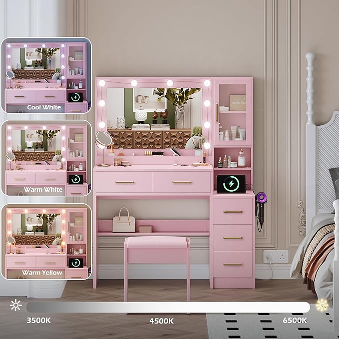 Makeup Vanity with Lights & Charging Station, Pink Vanity Table with 5 Drawers & Open Storage Shelves, Vanity Desk with Mirror & Lights, Dressing Table Set, Bedroom Makeup Table Set Gold Handle