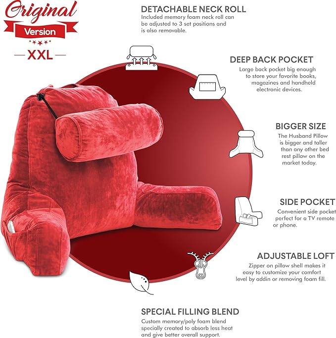 Husband Pillow XXL – Reading Pillow Bed Chair with Arms & Back Support – Red - Back Pillow for Beds Sitting Up – Bed Rest Arm Pillow – Comfy Reading Pillow for Adults