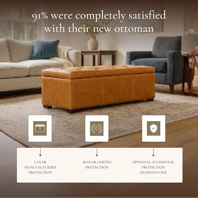 POLY & BARK Senja Storage Ottoman – 52" Large with Feather-Down Topper – Full-Grain Leather Upholstered Ottoman Box – Bench or Bedroom Storage – Vintage Italian Leather in Cognac Tan