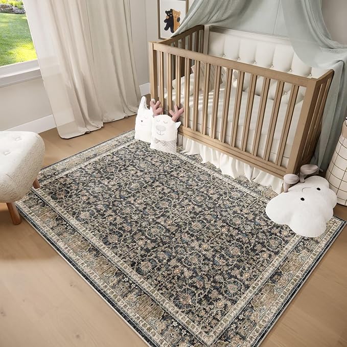 Washable 2x3 Entryway Rug, Boho Non-Slip Door Mat Vintage Distress Small Rugs for Kitchen Nursery Office Bedroom, 0.3" Neutral Oriental Throw Carpet with Cushioning Pad, Sage Green/Blue/Multi