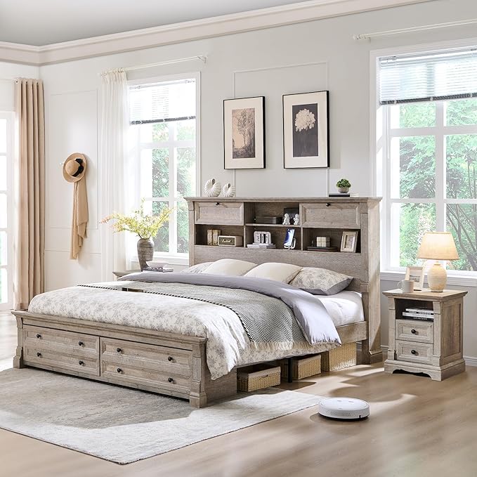 T4TREAM Farmhouse King Size Bed Frame with 54" Tall Storage Bookcase Headboard, Wood Platform Bed Frame with 18" Roman Column Decoration Footboard & 2 Drawers, No Box Spring Needed(Light Rustic Oak)