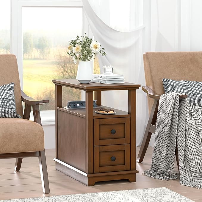 HIFYOBRO End Table with Flip Top Charging Station Set of 2, Narrow Side Table with 2 Drawers, Type-C & USB Port & Power outlets, Wooden Nightstand for Living Room and Bedroom