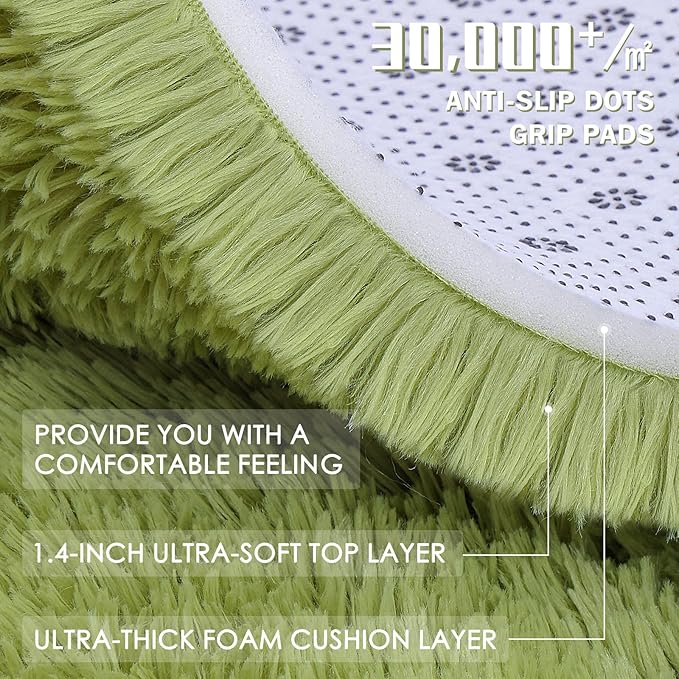 OLANLY Grass Green Round Rugs for Bedroom - Machine Washable, 9 ft Circle Area Rugs for Living Room, Soft and Fluffy Shaggy Carpet for Teen Girls and Boys, Nursery Rooms, Dorms, Home Decor Aesthetic