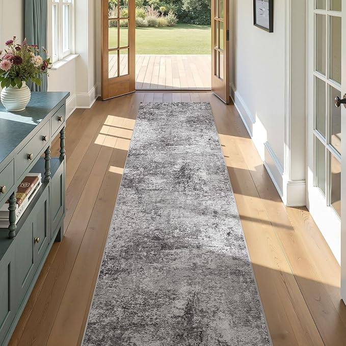 Washable Runner Rug for Hallway: 2.6x14 Neutral Modern Abstract Low Pile Area Rug with Non-Slip Backing - Carpet for Bedroom Kitchen Laundry Entryway Bathroom Indoor - Grey