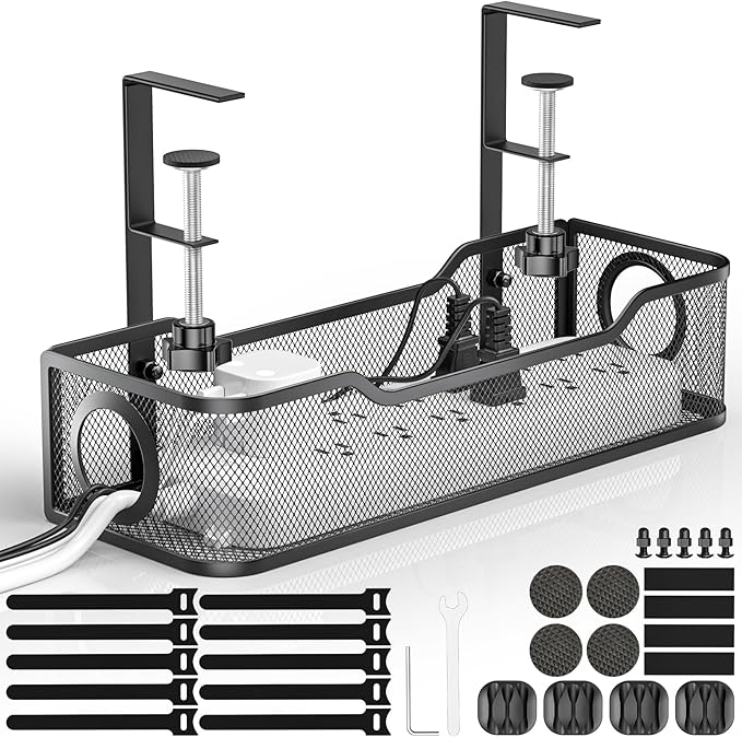 Under Desk Cable Management Tray - GZOKMOG No Drill Cord Organizer with Clamp, Workspace Organizers for Cords, Metal Mesh Wire Management for Home and Office, 1 Pack Black, 13.38 inch