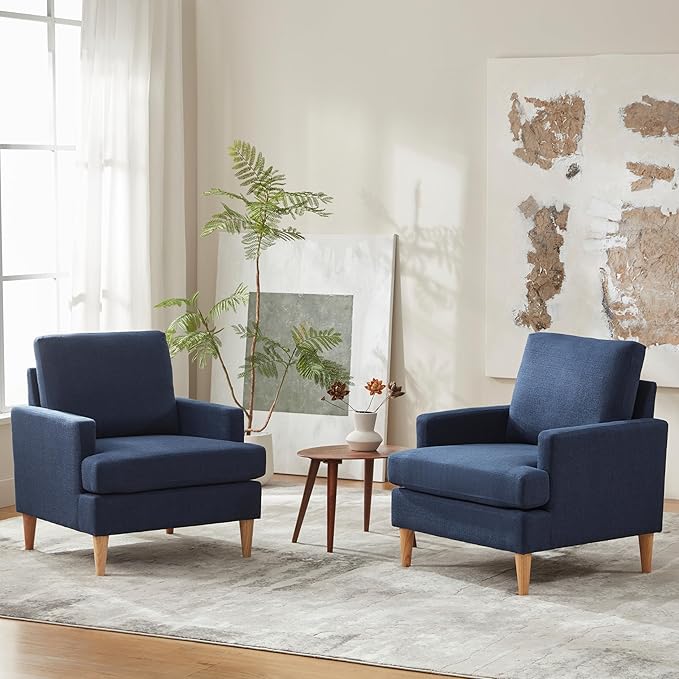 VKNOW Mid-Century Accent Chairs Set of 2, No Tools Assembly Required, Modern Upholstered Polyester Armchairs for Living Room & Bedroom, Comfortable Reading Chairs with Wood Legs, Navy Blue