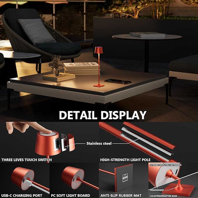 Modern LED Color-Changing Cordless Table lamp, 7 Colors, metal Shade, Touch control with sleep mode for Restaurant, Bedroom, Outdoor Camping, Coffee Shop, Night Light, Rechargeable(Red 1 PACK)