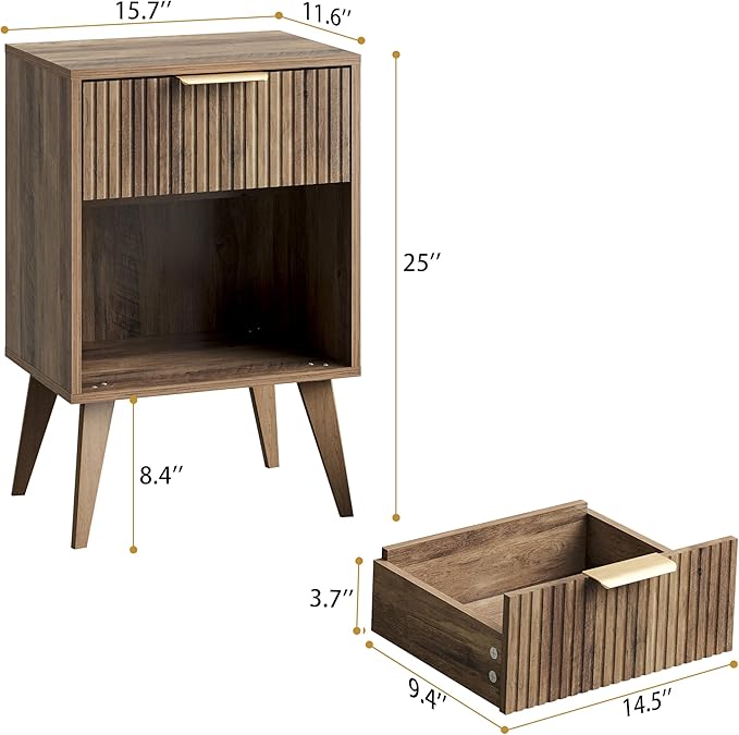 Fluted Night Stand with Opening Storage,Mid Century Bedside Table with Drawer,Wood Nightstand with Legs,End Table Side Table for Living Room,Bedroom,Caramel Oak 11.8"Dx15.7Wx 25.2"H CTG56BR