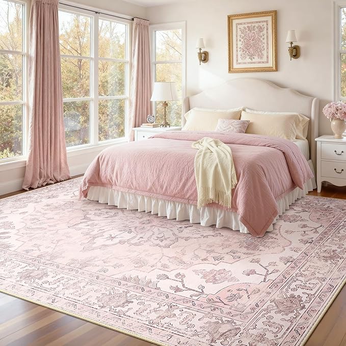 Area Rugs 7'x9' Washable Non-Slip, Floral Vintage Distress Print Pattern Medallion Carpet for Living Room Bedroom Dining Room, Pink Greypink Cute